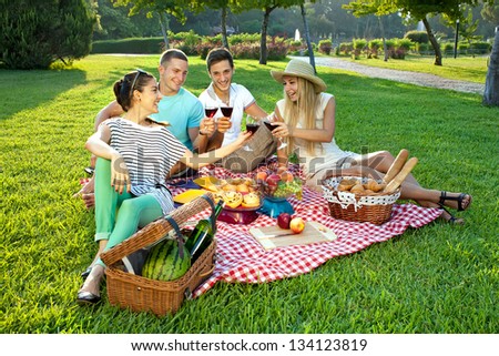Four Young Friends Picnicking In The Park Sitting On A Rustic Red And White Checked Cloth On A Green Lawn Toasting With Glasses Of Red Wine