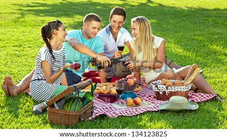 Healthy picnic. Group of four young friends enjoying a healthy picnic sitting outdoors on a red and white checked rug on green grass drinking red wine and eating a variety of fresh fruit and bread