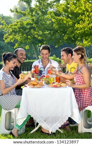 Group of multi ethnic friends having a picnic, enjoying a meal together sitting at a table outdoors on the grass in a leafy green garden