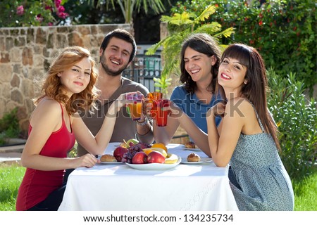 Group of friends enjoying lunch outdoors sitting at a table in the garden lifting their glasses and smiling at the camera