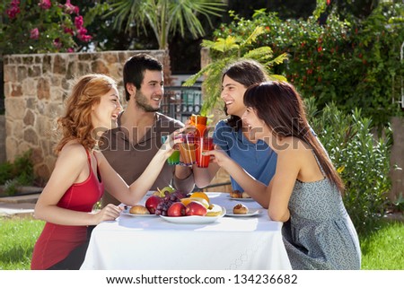 Group of attractive young friends enjoying a meal outdoors seated at a table in the garden toasting each other with their drinks