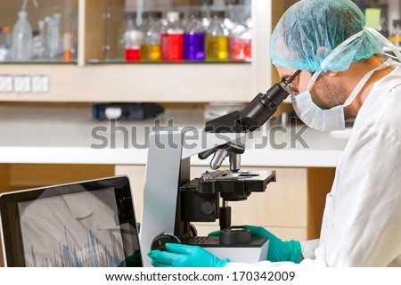 Scientist Wearing A Surgical Cap And Mask, Using A Microscope In A Chemical Laboratory With Results Displayed Alongside On A Computer Screen.