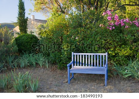 Blue painted wooden garden bench in a leafy rural garden in Provence, France under pretty flowering purple bougainvillea for an oasis of tranquility.
