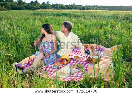 Affectionate young couple on a summer picnic sitting arm in arm on a red and white checked rug in a country meadow looking away to the left off frame