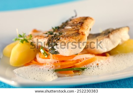 White fish fillet of perch in white sauce.