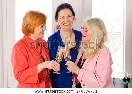 Close up. Three Reunited Mom Best Friends in Trendy Outfits Enjoying Glasses of White Wine While Talking Funny Things at their Past.