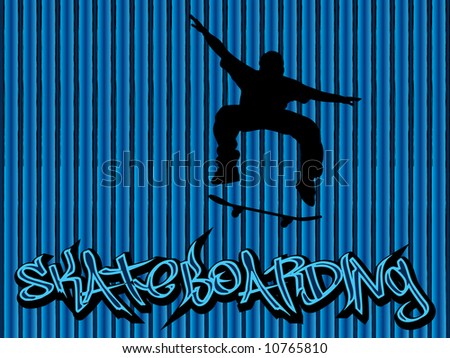 Skater illustration with graffiti text on a blue lines background