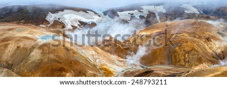 KerlingarfjÃ?Â¶ll (The Ogress\' Mountains), a volcanic mountain range situated in the highlands of Iceland. The red color of the earth is due to the volcanic rhyolite stone the mountains are composed of.