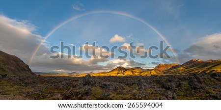 Panorama of volcanic landscape under a full rainbow, Landmannalaugar, Iceland