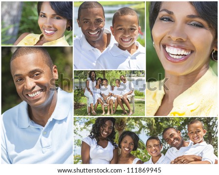 Attractive African American family mother, father, sons and daughter outside having fun in the summer sunshine, smiling, happy relaxing, sitting