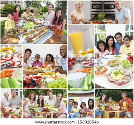 Montage Of Multicultural People, Couple And Families, Father, Mother, Son And Daughter Children Eating Healthy Foods, Salads, Fruit, Ham, Cheese, Cake, Sandwiches, Dining Inside And Outside In Summer
