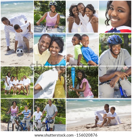 An attractive African American family of mother, father, two sons and daughter outside active having fun in summer sunshine, playing at the beach, cycling, relaxing, smiling, laughing