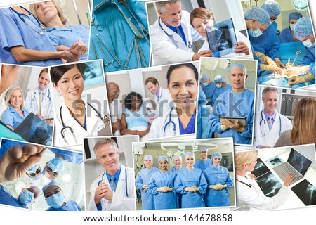A Photo Montage Of Interracial Medical People, Men And Women, Doctors And Nurses Team In Hospital, Surgery Operation, Helping Examining Patients &Amp; Analyzing X-Rays.