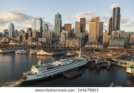 SEATTLE - JUNE 11 2013: Aerial photograph of City Skyline and car ferry , June 11, 2013 in Seattle, Washington, USA.