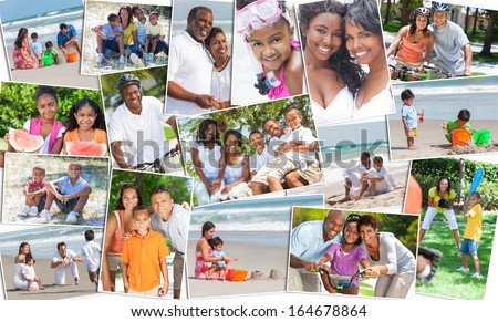 Montage of happy ethnic families and couples parents and children men women boys and girls enjoying an active lifestyle on holiday vacation, at the beach, playing games in the garden and cycling