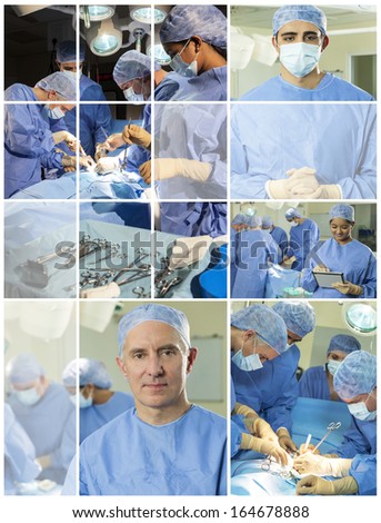 Interracial medical doctors and nurses surgical team in an operating theater performing surgery operation