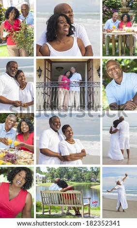 Montage of happy old senior African American man woman couples enjoying active retirement lifestyle relaxing on the beach in the garden & at home