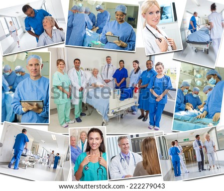 A photo montage of interracial medical people team, men & women, doctors & nurses in hospital caring for elderly patients, in surgery an operating theatre & using tablet computers