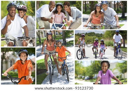 Montage of healthy ethnic families bike riding together