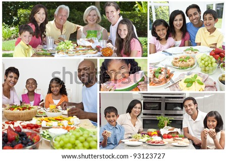 Montage of families and senior people eating fresh healthy lifestyle food