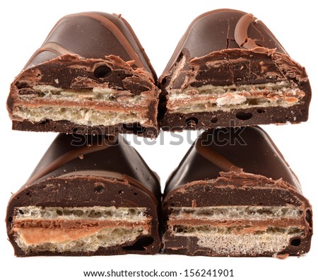 chocolate bars covered wafer on white background