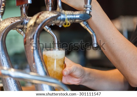 Close-up of barman hands at beer tap pouring a draught beer