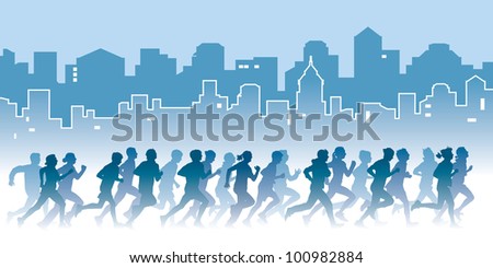 Crowd of young people running on a street. Sport vector illustration.