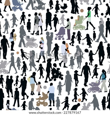 Crowd of people, pattern with parents and children silhouettes.