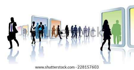 Crowd of people in virtual travel, from portal to portal.