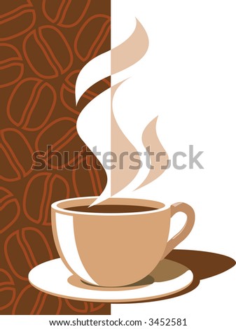 Coffee cup with aroma steam on a brown background with coffee beans