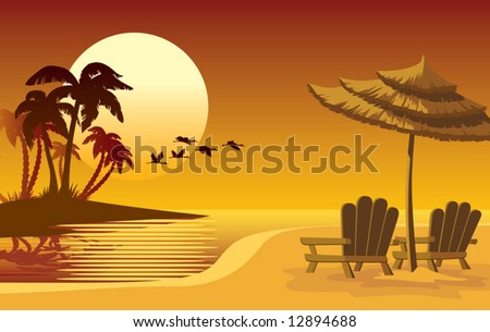 Summer landscape: sunset, beach, chairs and umbrella