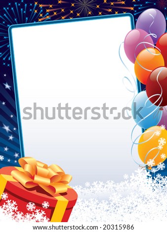Carnival winter decoration with copy space, balloons and present