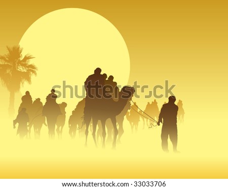 Camel caravan going through the sandstorm in the Sahara Desert