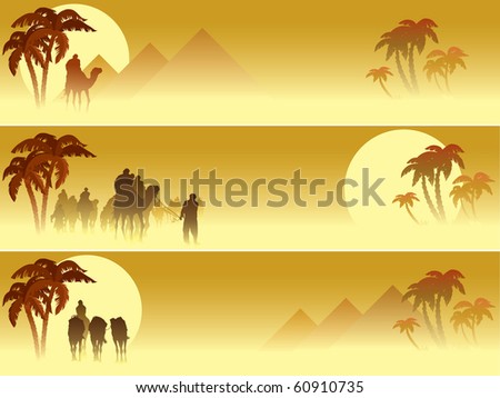 Set of three web banners: Camel caravan going through the desert