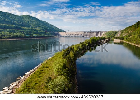 Summer, view of Hydroelectric power station on the Yenisei River in Russia, Krasnoyarsk