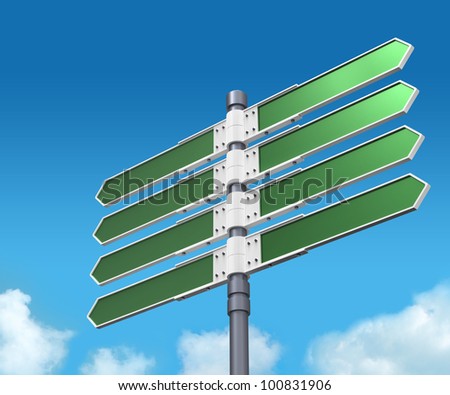 Blank direction sign with 8 arrows (add your text) on sky background.