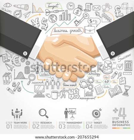 Business handshake Infographics option. Vector illustration. can be used for workflow layout, banner, diagram, number options, step up options, web design