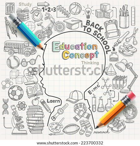 Education concept thinking doodles icons set. Vector illustration.