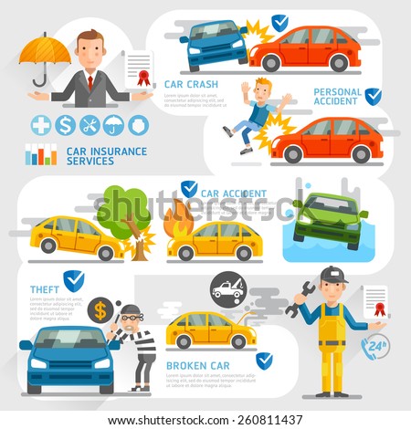 Car insurance business character and icons template. Vector illustration. Can be used for workflow layout, banner, diagram, number options, web design, timeline, infographics.