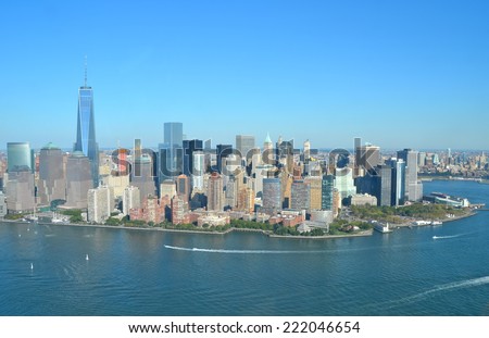 Cityscape view of Lower Manhattan as seen from helicopter, New York City, USA.