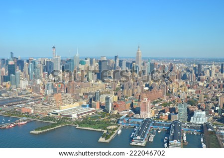 Cityscape view of Manhattan as seen from helicopter, New York City, USA.
