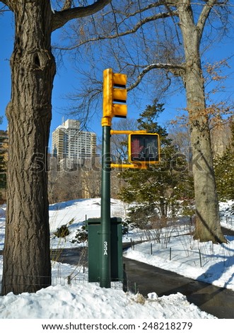 Traffic light in Central Park, New York City, USA