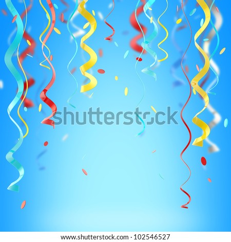 Ribbons and confetti red, yellow and blue background on blue