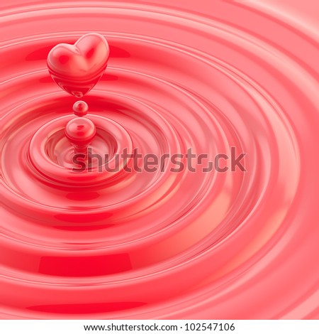 Heart shaped glossy liquid drop in a red waves background
