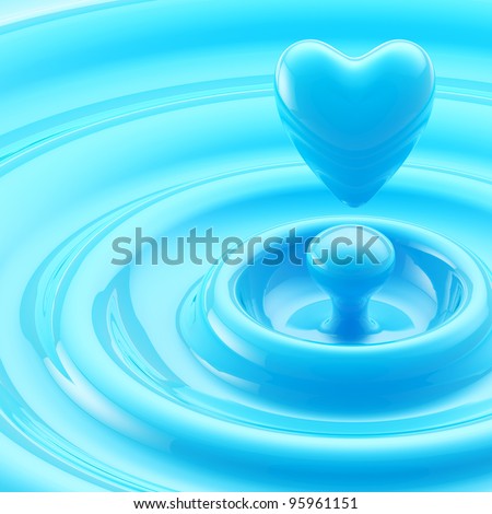 Heart shaped glossy liquid drop in a blue waves