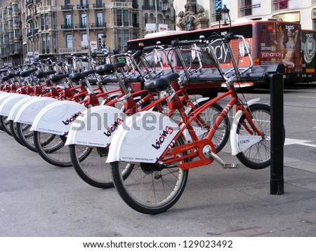 BARCELONA, SPAIN - DECEMBER 28: Some bicycles of the bicing service in Barcelona, Spain on December 28, 2012. With the bicing sharing service people can rent bicycles for short trips.