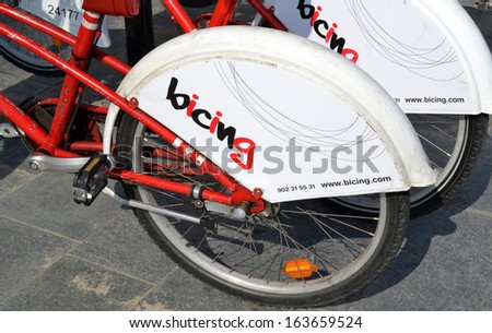 BARCELONA, SPAIN - OCTOBER 10: Some bicycles of the bicing service in Barcelona, Spain on October 10, 2013. With the bicing sharing service people can rent bicycles for short trips.