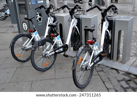 MADRID, SPAIN - DECEMBER 24: Some bicycles of the bike rental service in Madrid, Spain on December 24, 2014. BiciMad is a bike sharing service that people can rent bicycles for short trips.