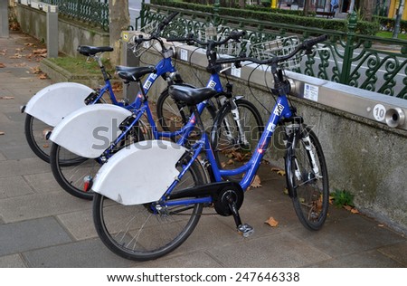 BILBAO, SPAIN - OCTOBER 11: Some bicycles of the bike rental service in Bilbao, Spain on October 11, 2014. Bilbon Bizi is a bike sharing service that people can rent bicycles for short trips.