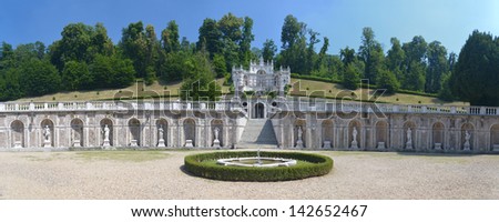View of gardens and marble terrace of the Villa della Regina (Queen\'s villa) in Turin, Italy